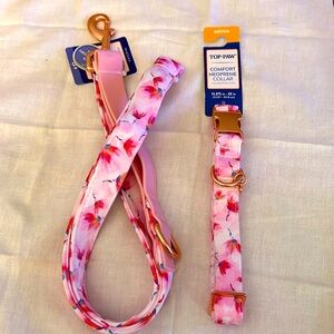 Top Paw Pink Peony Comfort Neoprene Dog Collar (M) with Matching Leash